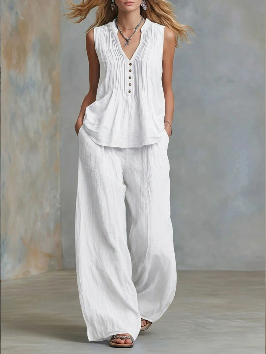 Plus Size Friendly Casual Linen And Cotton Pleated Sleeveless Top And Pants Two-piece Set - Nordfashionstorm - Women's Clothing, Fashion for You - Nordfashionstorm.com