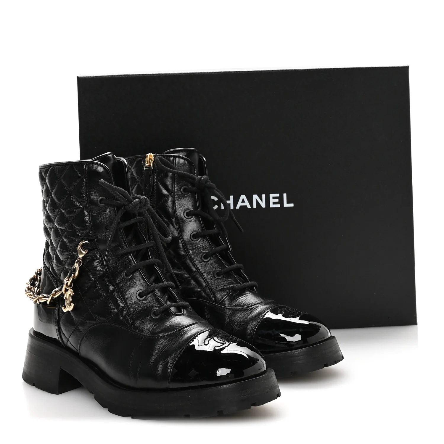 Shiny Calfskin Patent Quilted Chain Lace Up Combat Boots 40.5 Black - Top Club