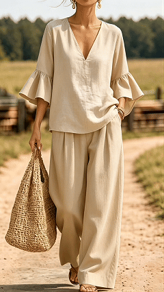 Women's Casual & Comfortable Two-Piece Set: V-Neck Top with Ruffle Sleeves and Wide-Leg Pants - Nordfashionstorm - Women's Clothing, Fashion for You - Nordfashionstorm.com