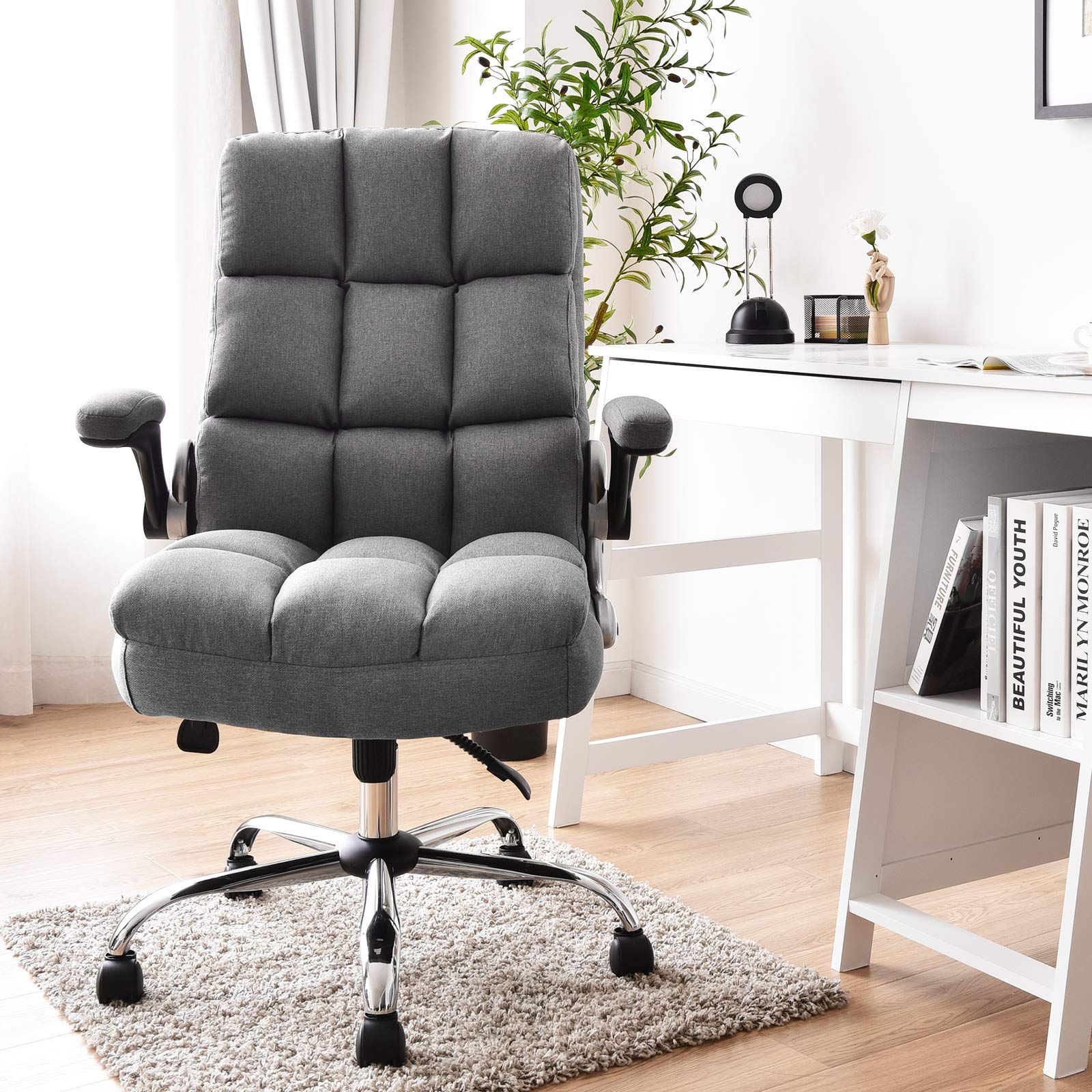 BEFOUNDLOVELY Executive Office Chair, Adjustable Tilt Angle and Flip-up Armrest Linen Fabric Upholstered Chair with Thick Padding