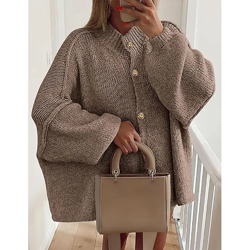 PrettyGarden Women's Winter Button Down Cardigan Sweaters Mock Neck Lantern Long Sleeve Chunky Knit Jacket Trendy Outerwear