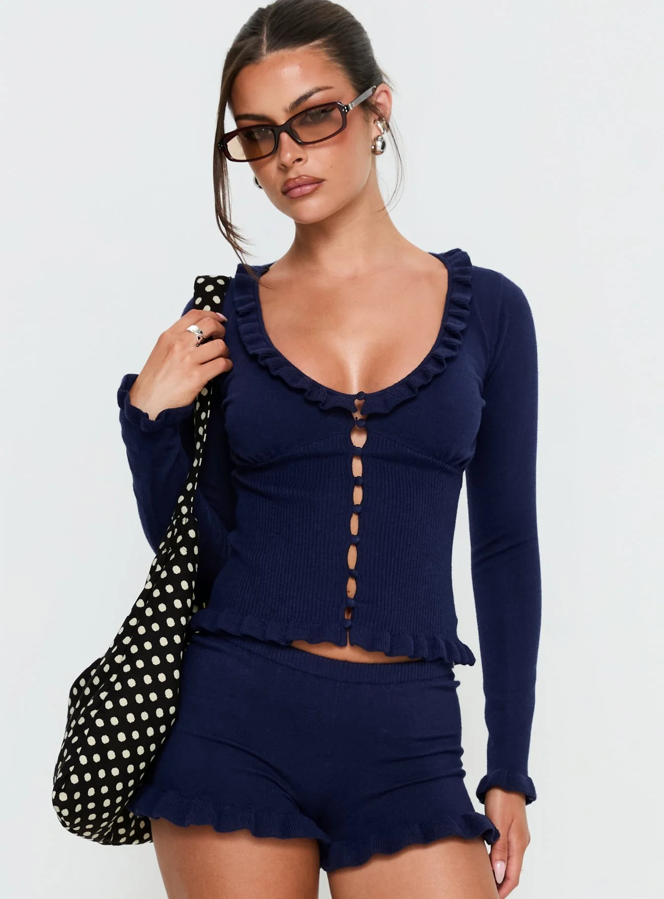 Ceria Frill Knit Long Sleeve Top Navy