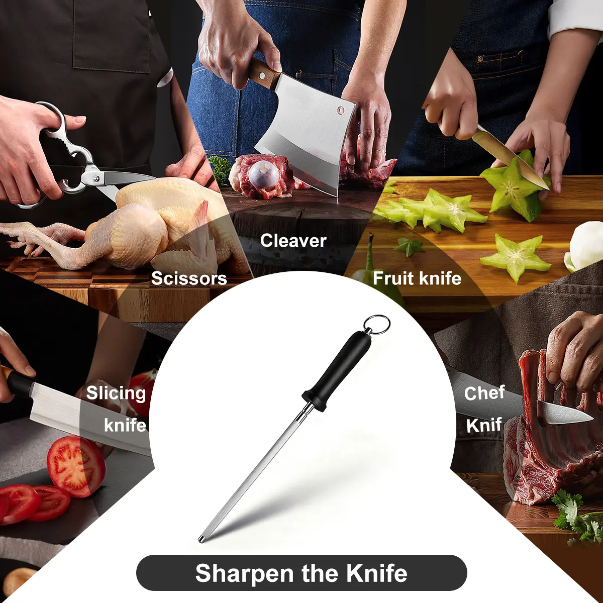 Knife Sharpener Rod Kitchen Knives Sharpener Professional Knife Sharpening Steel Honing Rod with Hanging Holes (13 inches) Black