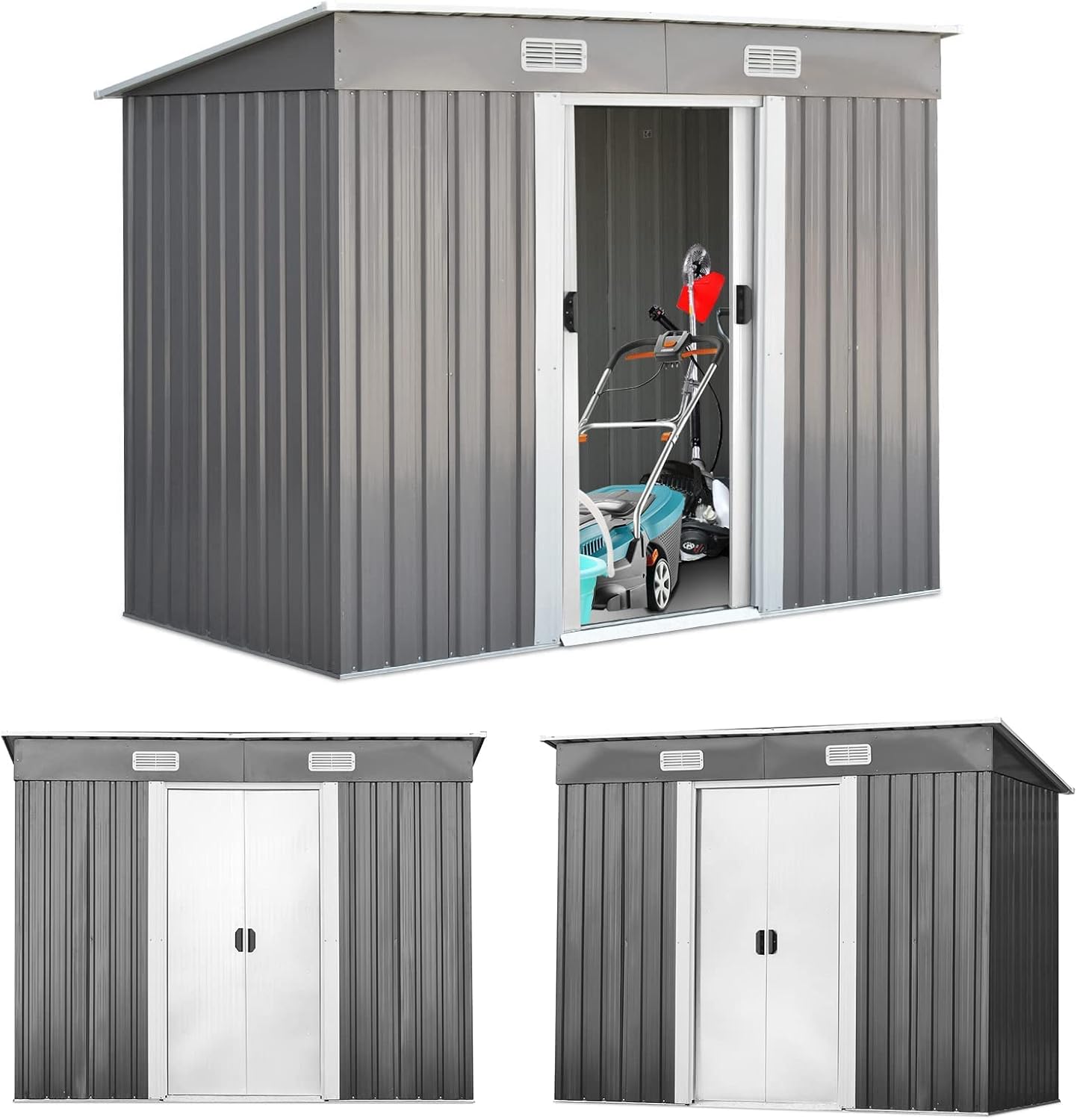 RELAX4LIFE Casetta da Giardino 3,12 m² 5 m³, in Lamiera d'Acciaio e e Lamiera Zincata con2 Porte Scorrevoli, Tetto Inclinato, per Porta Attrezzi, Tosaerba 238×131×160cm