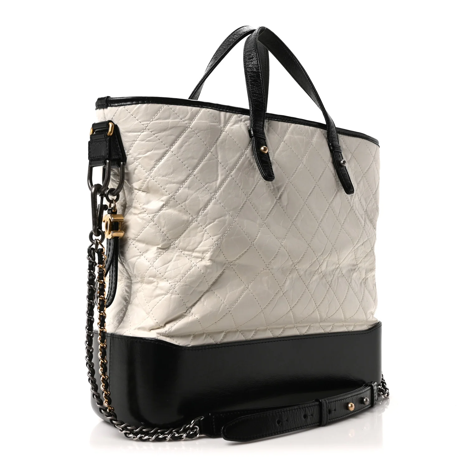 Aged Calfskin Quilted Large Gabrielle Shopping Tote White Black - Top Club