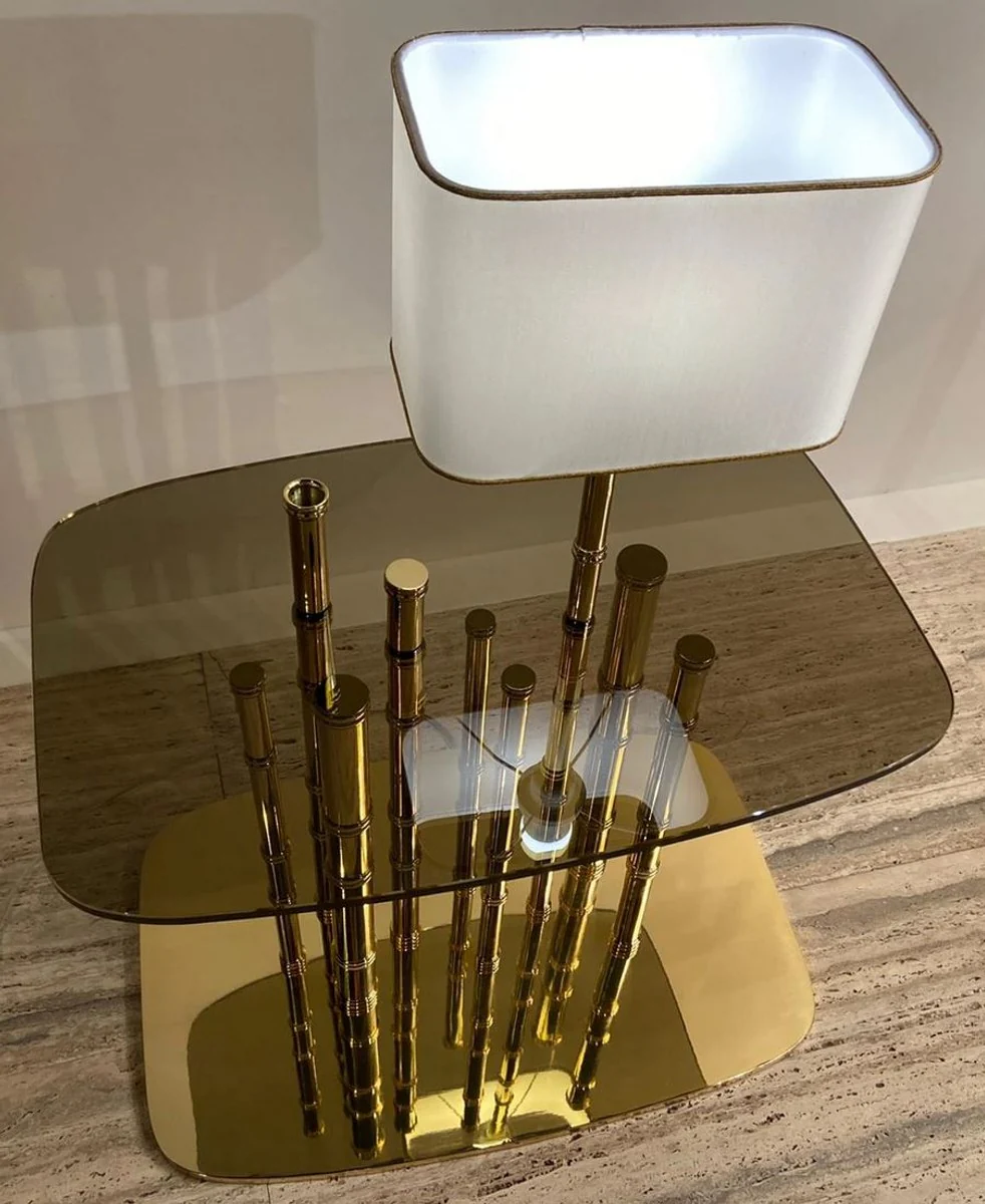 Luxury designer side table bamboo gold / black / white 70 x 45 x H. 40 cm - gold-plated brass bedside table with glass top and integrated table lamp - hotel furniture - luxury quality