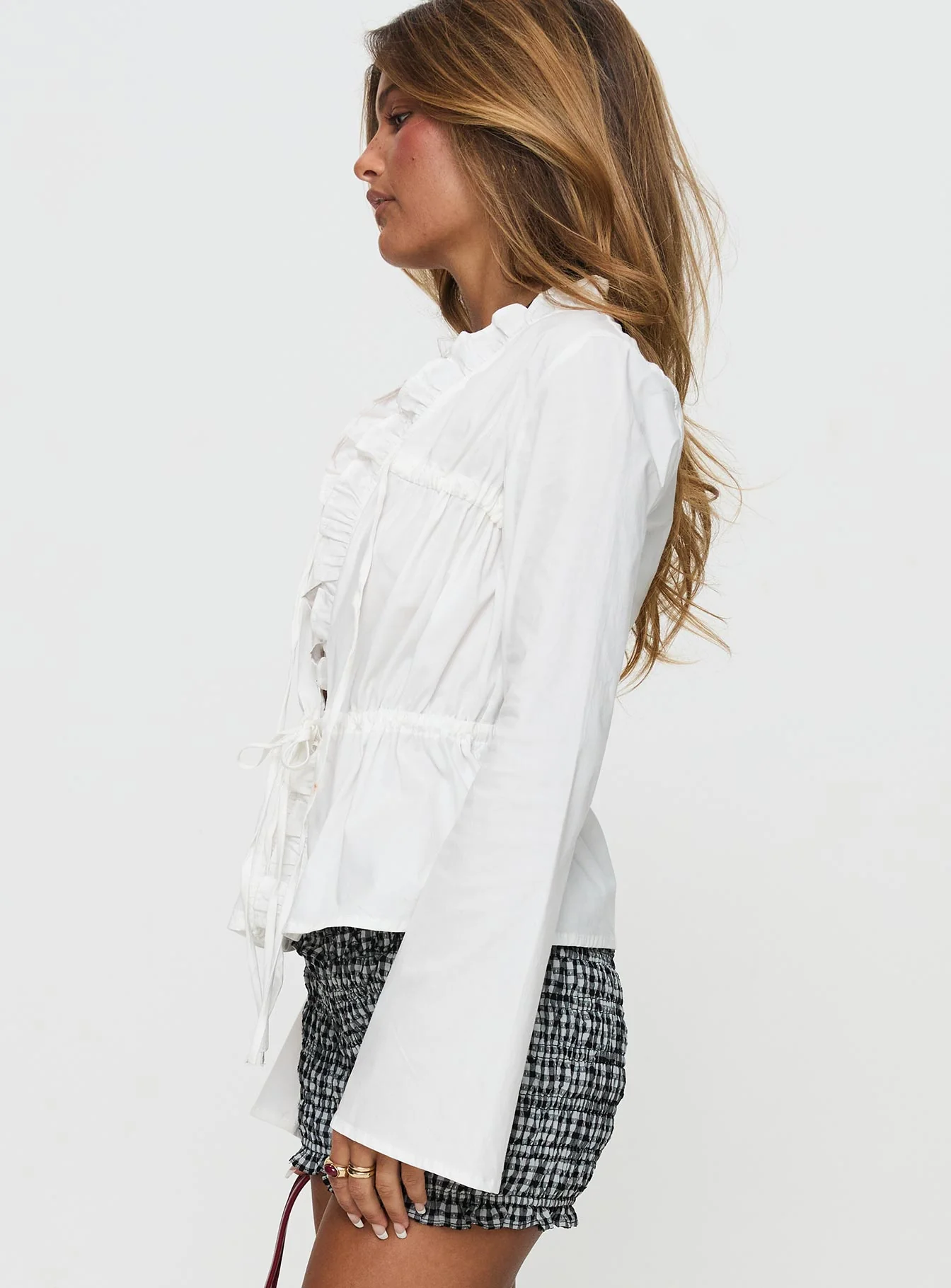 Harloe Ruched Tie Up Long Sleeve Top White