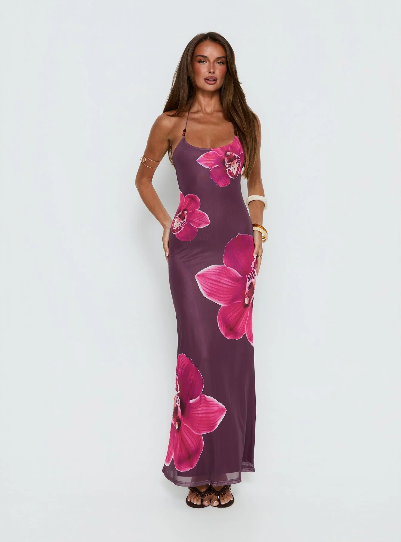 Kamina Beaded Halter Maxi Dress Plum Floral