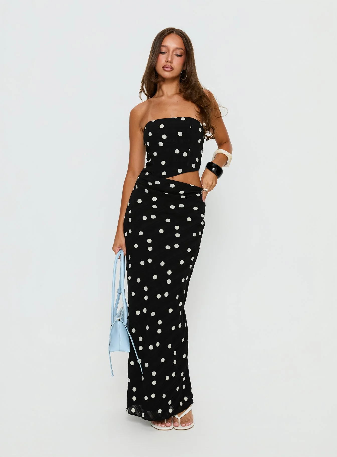 Jasira Strapless Drape Maxi Dress Black Polka Dot