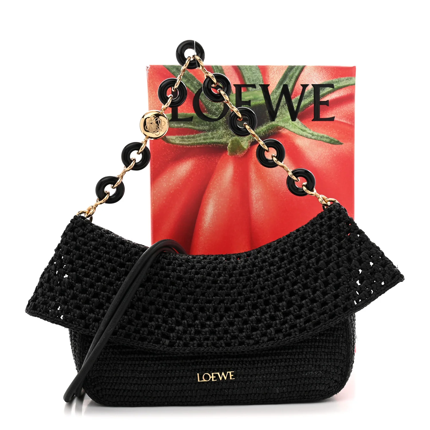 Raffia Donut Chain Medium Ola Shoulder Bag Black - Top Club