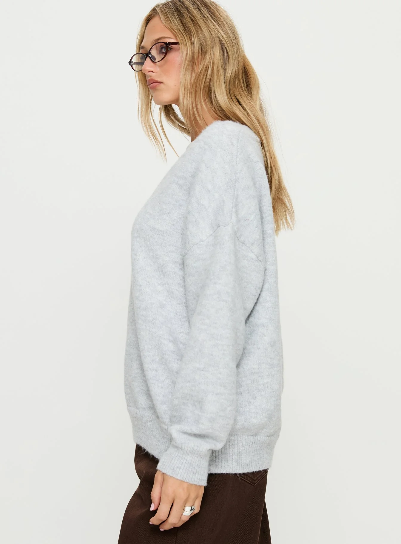 Stay The Night V Neck Knit Sweater Grey Marle