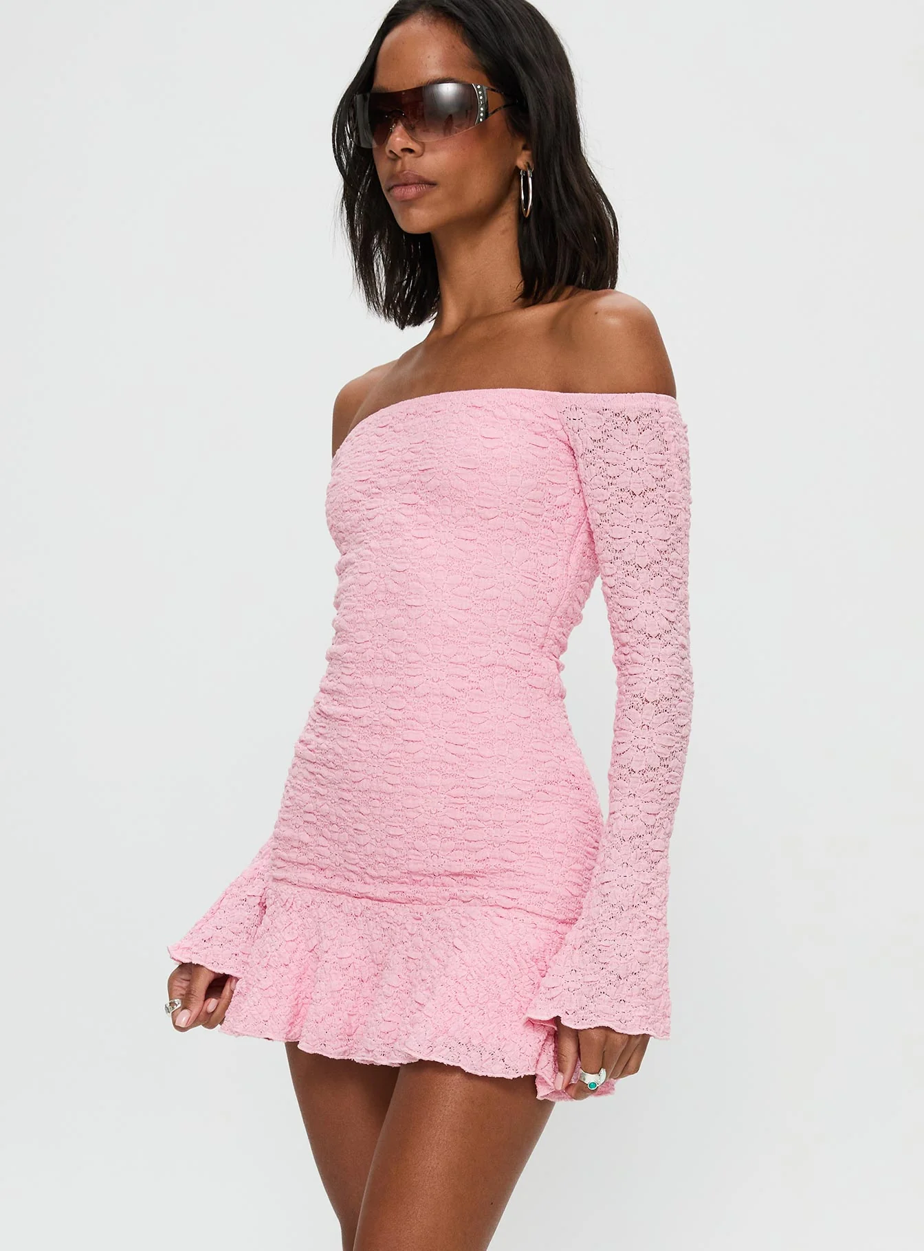 Vancesca Off Shoulder Long Sleeve Mini Dress Pink