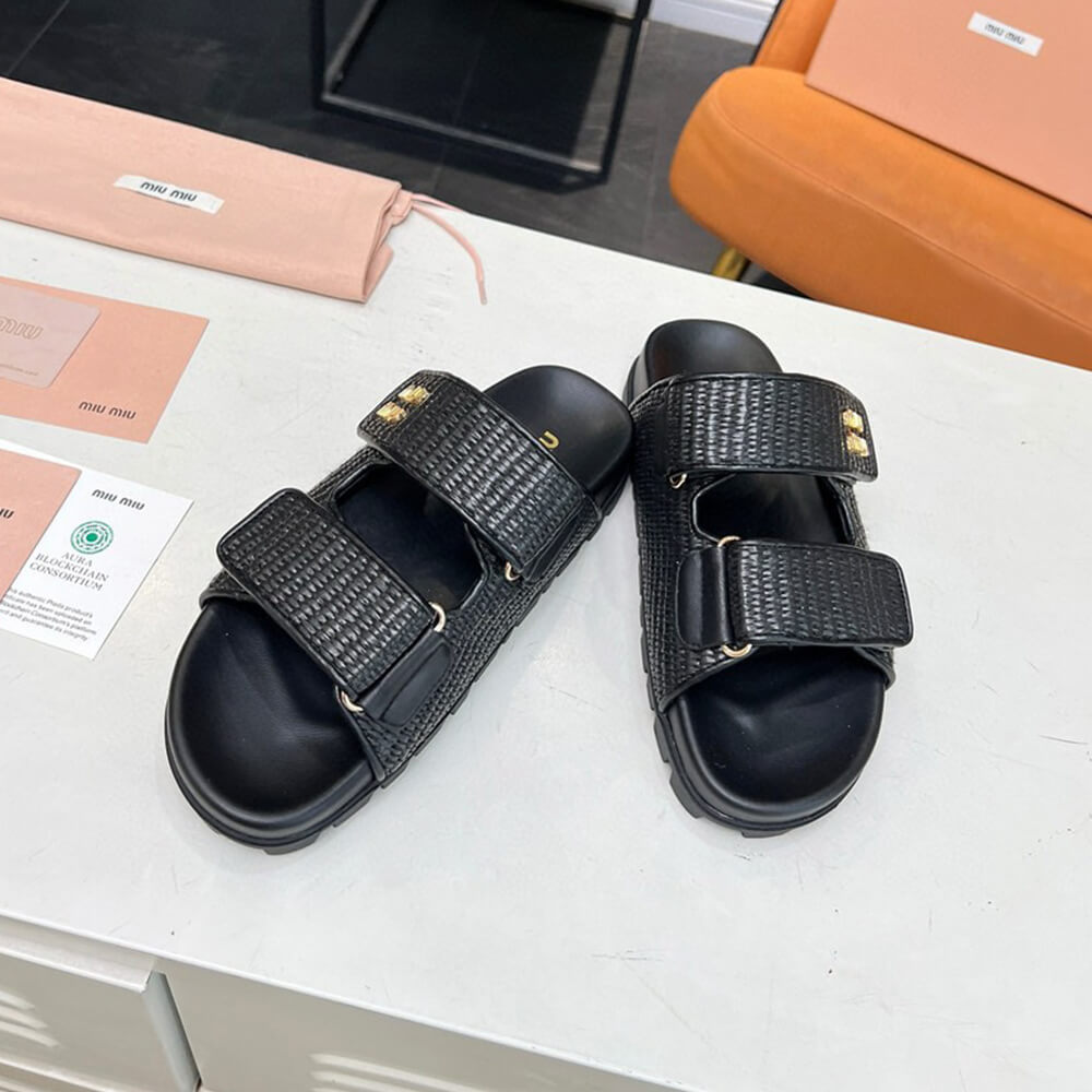 MiuMiu Raffia-effect woven fabric slides - Top Club