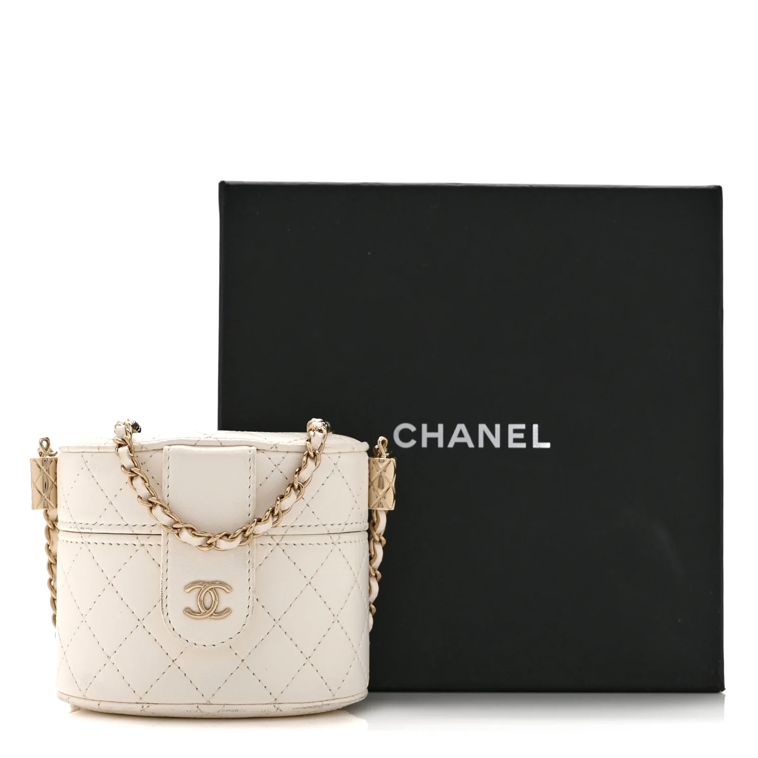 Lambskin Quilted Round Mini Vanity Case With Chain Case With Chain White - Top Club