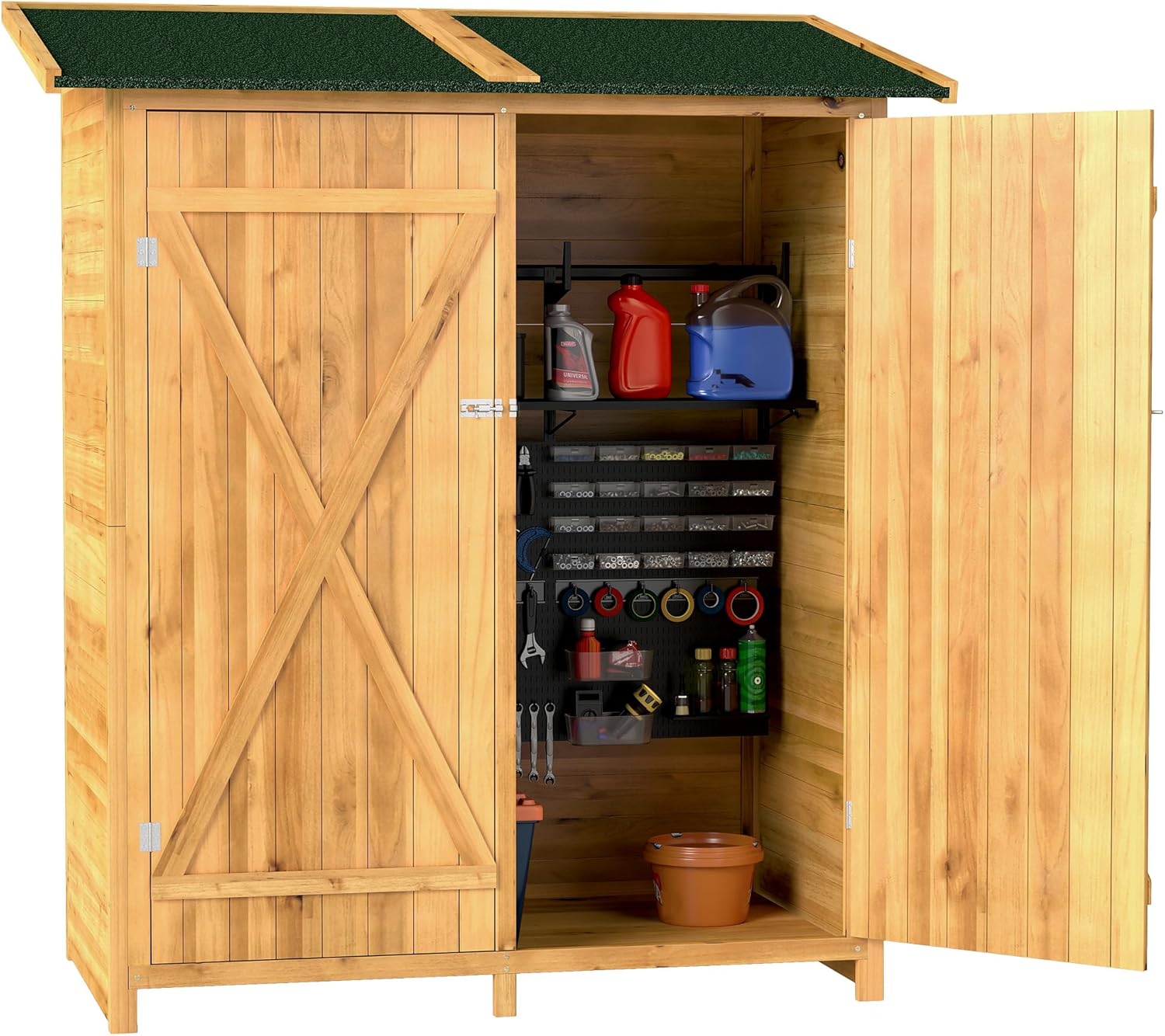 Outsunny Casetta Porta Attrezzi in Legno di Abete, Capanno da Giardino a 2 Ante con Sgabello Alto a 2 Ripiani e Tetto Idrorepellente, 140x75x157 cm