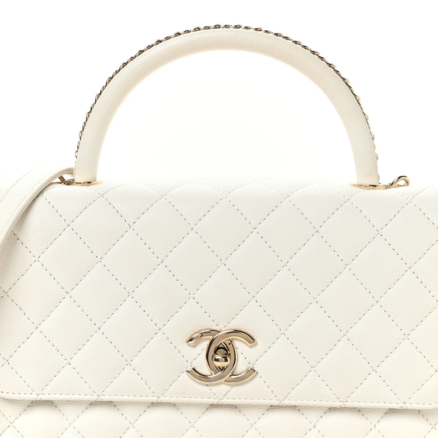 Caviar Quilted Small Chain Coco Handle Flap White - Top Club
