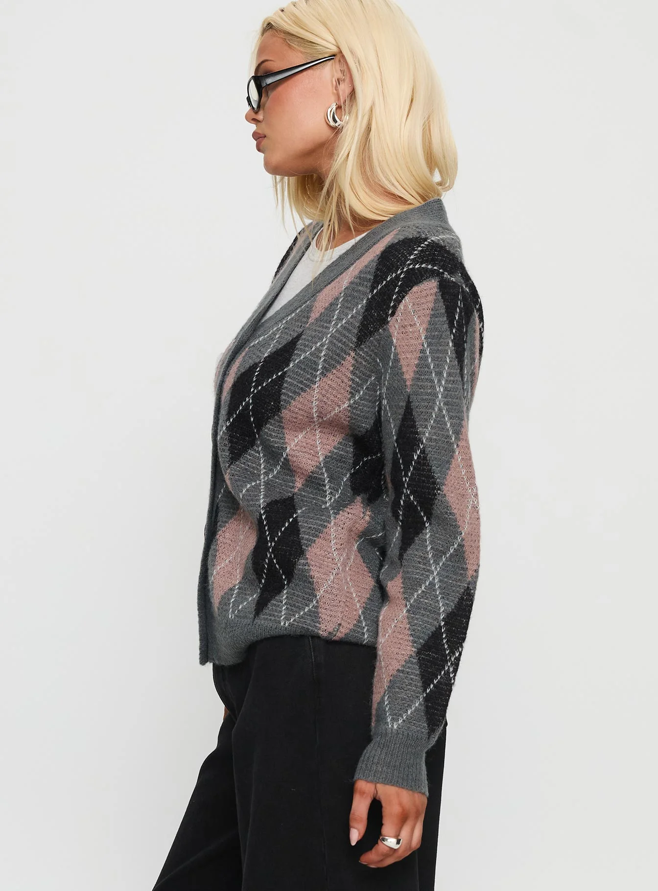 Zeeva Button Through Knit Cardigan Grey Argyle