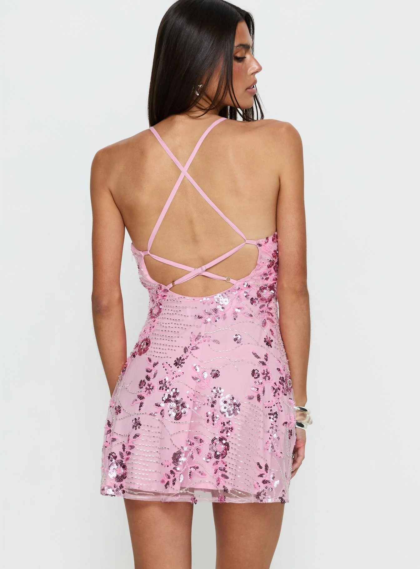 Steffie Beaded Backless Mini Dress Pink