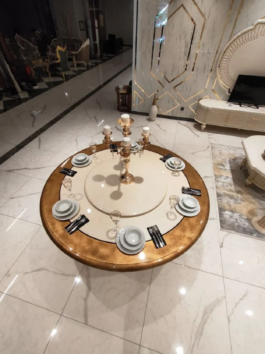 Luxury baroque dining table cream / gold - round solid wood dining room table with rotating middle section - elegant baroque hotel & restaurant furniture