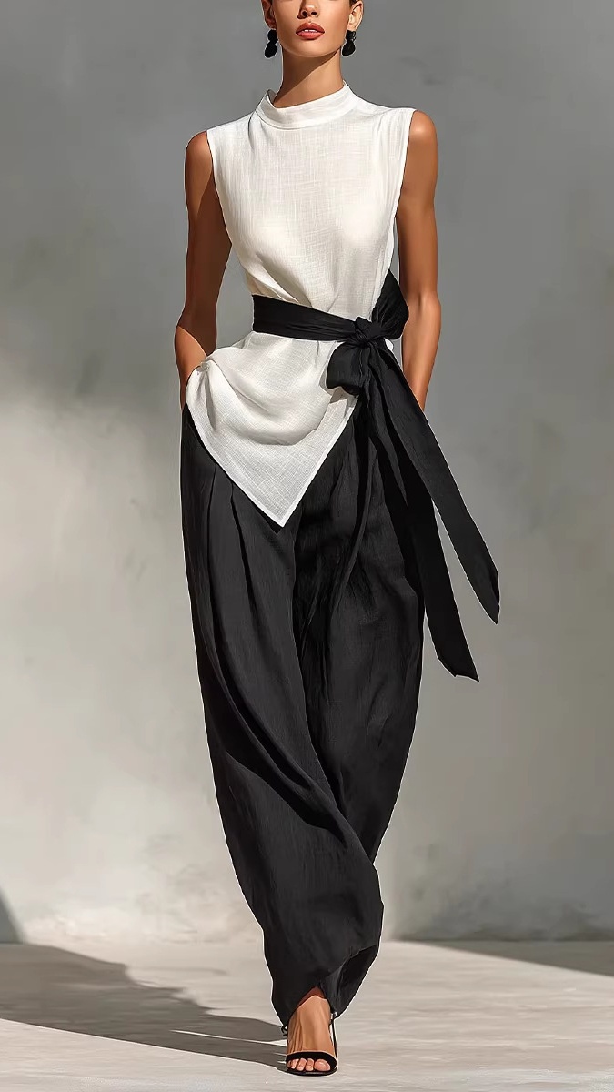 Women's Tie-Front Sleeveless Tencel-Linen Top + Wide-Leg Pants 2-Piece Set - Nordfashionstorm - Women's Clothing, Fashion for You - Nordfashionstorm.com