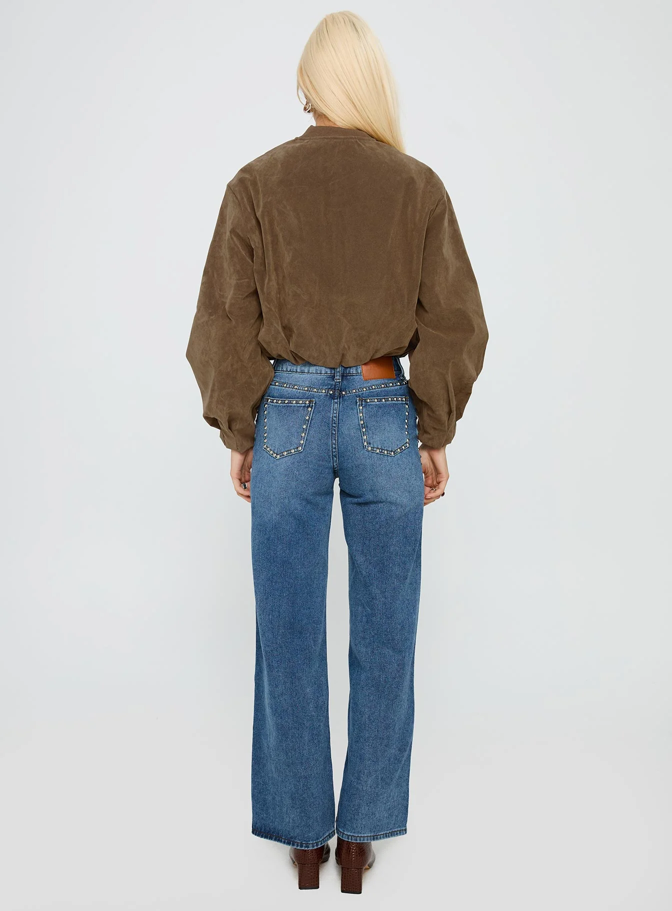 Saving Up Mid Rise Straight Leg Studded Jeans Mid Blue