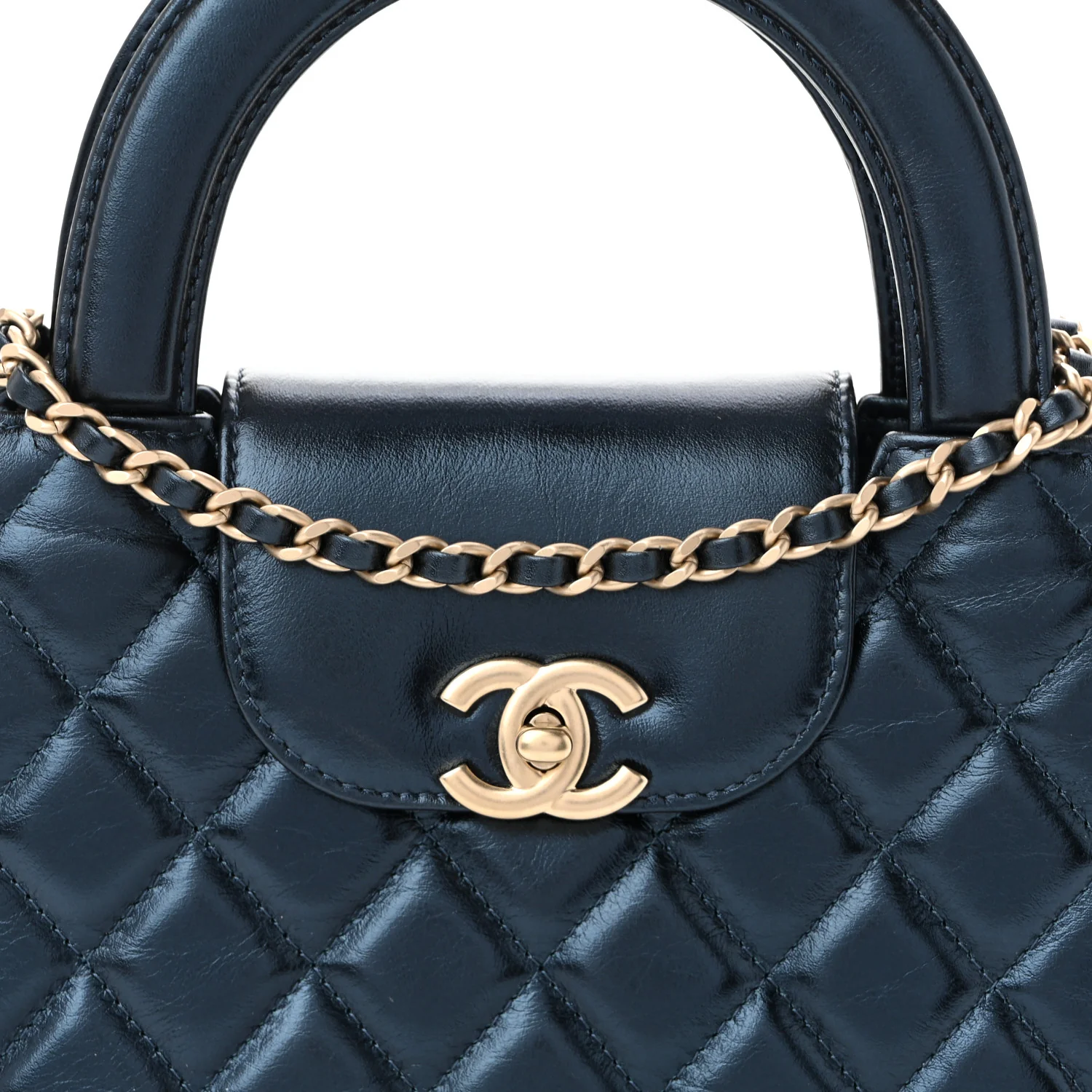 Metallic Aged Calfskin Quilted Nano Kelly Shopper Navy - Top Club