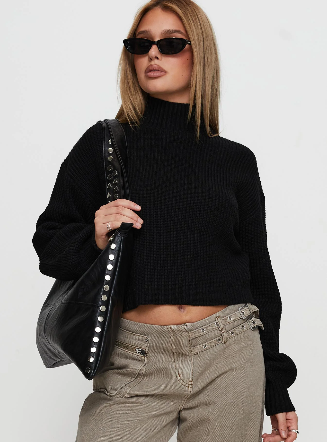 Sayge Mock Neck Knit Sweater Black