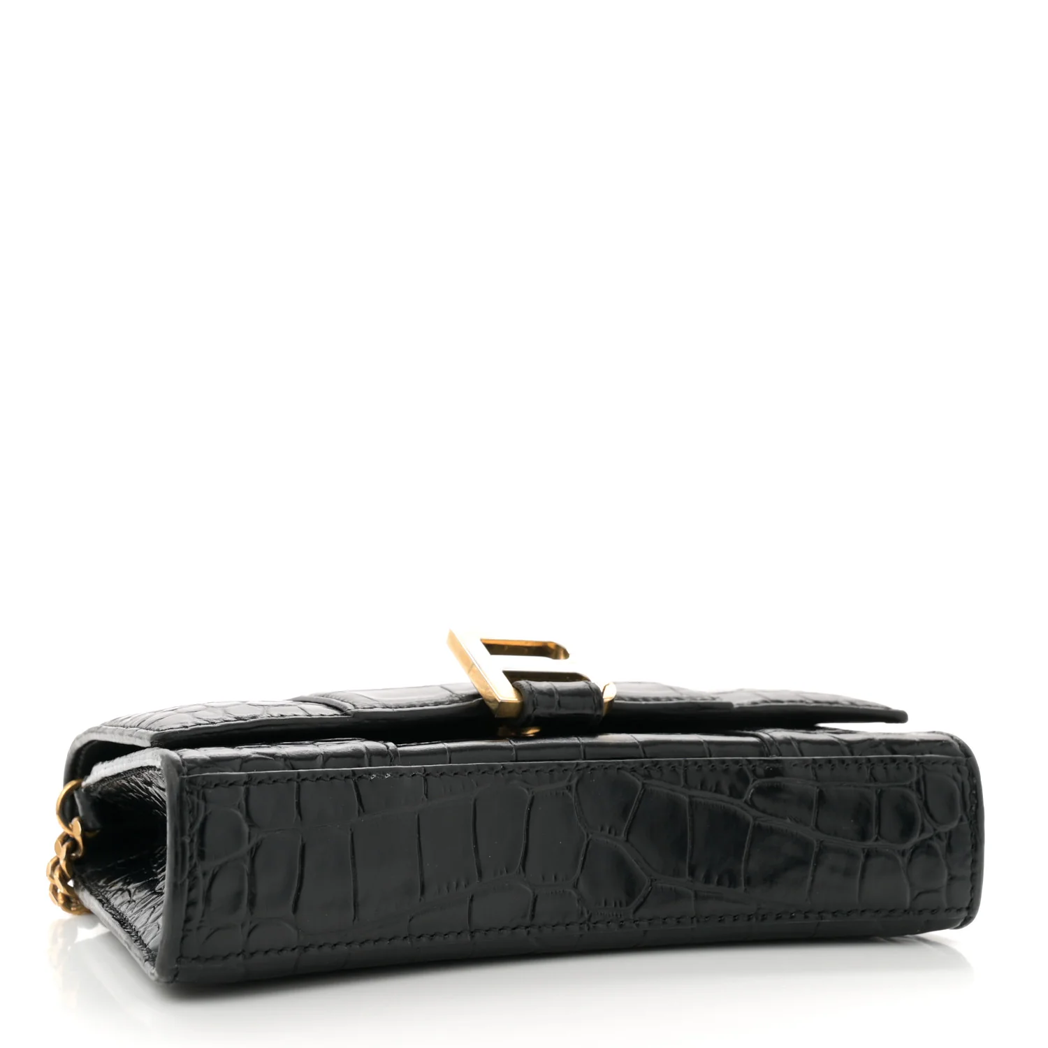 Shiny Calfskin Crocodile Embossed Hourglass Chain Bag Black - Top Club