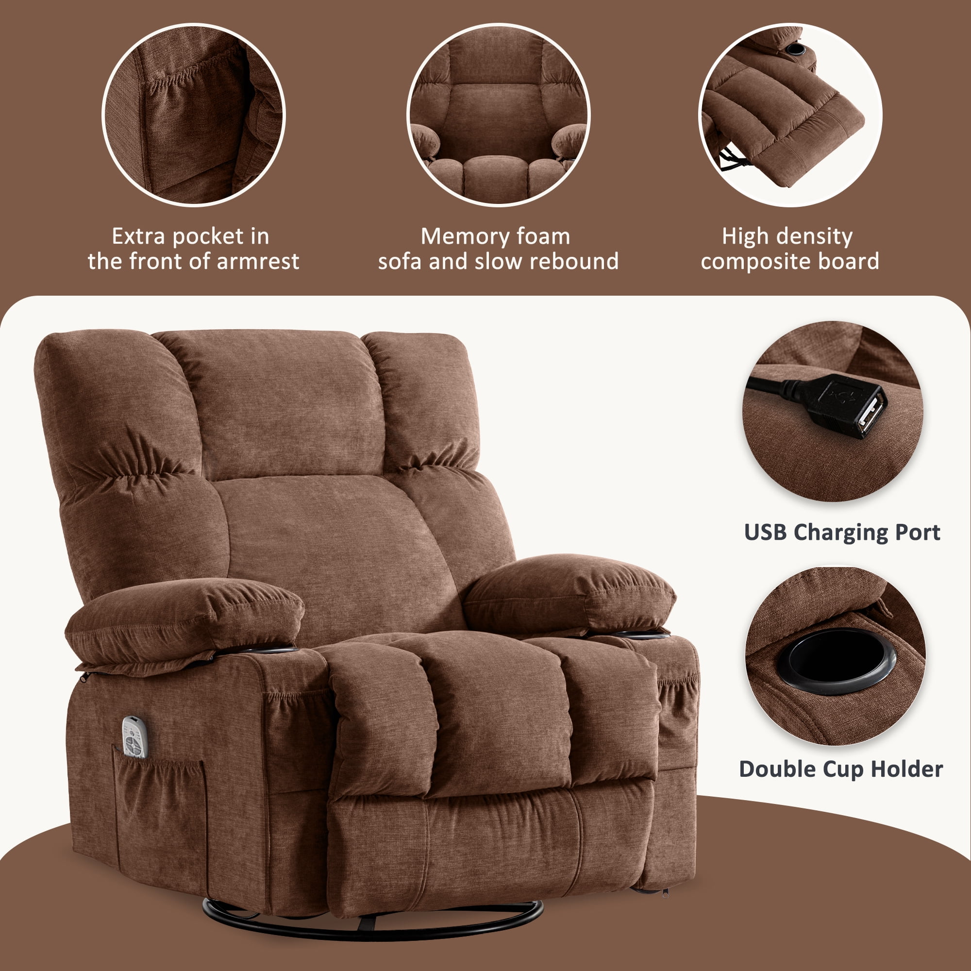 JONPONY Manual Recliner Chair with Heat Therapy and Massage Function, Heavy Duty Reclining Mechanism Massage Chair, Elderly Single Rocker Sofa with Cup Holders for Bedroom Home Theater, Grey
