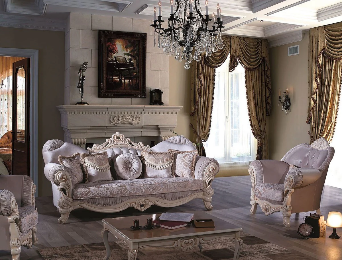 Luxury baroque coffee table cream / beige 90 x 70 x H. 50 cm - Elegant living room table with glass top - Living room furniture in the baroque style
