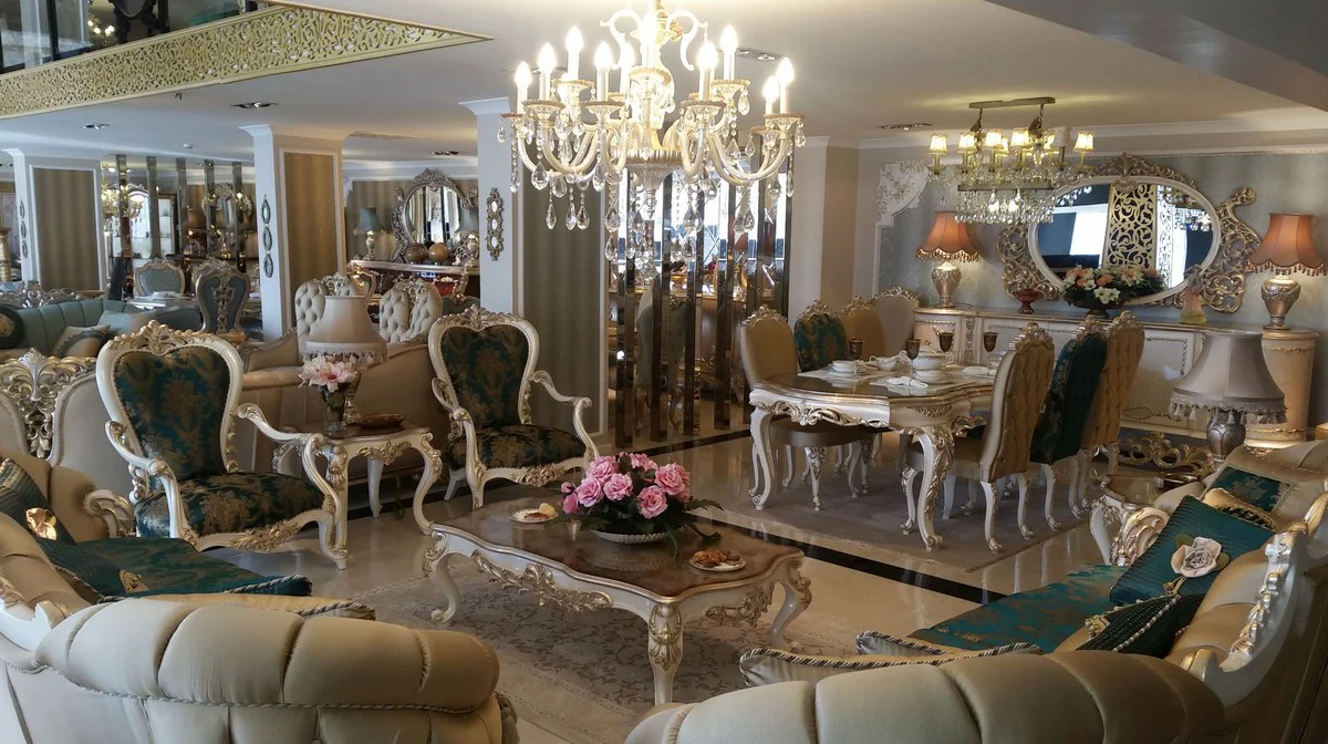 Luxury baroque coffee table brown / white / gold - rectangular solid wood living room table in baroque style - elegant baroque living room furniture