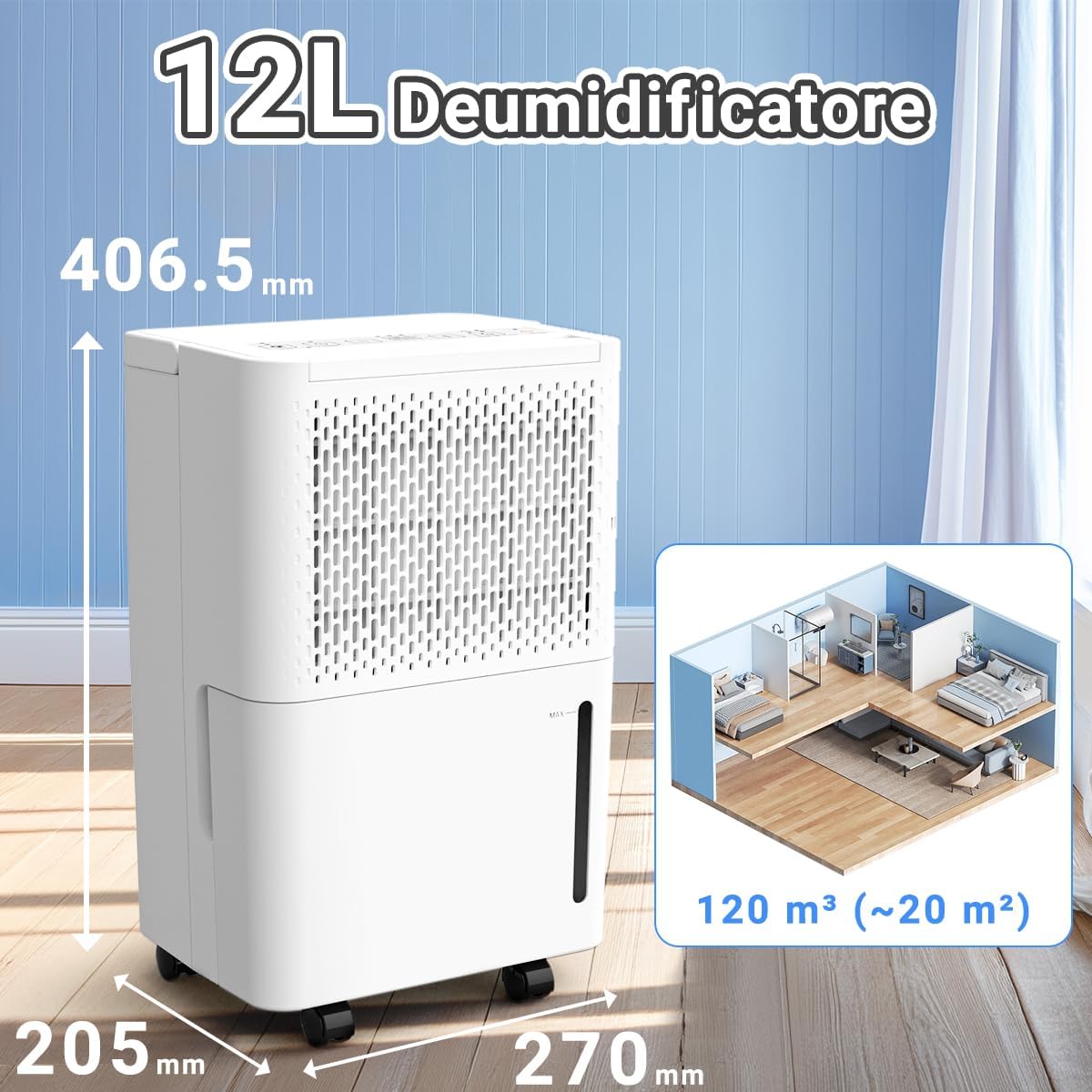 pasapair Deumidificatore Ambiente Casa,12L al Giorno e Adatto per 120m³(~20 m²) con display digitale 'umidità,modalità Sleep,drenaggio continuo e timer 24 ore-Contro Muffa e L'umidità per Ambienti