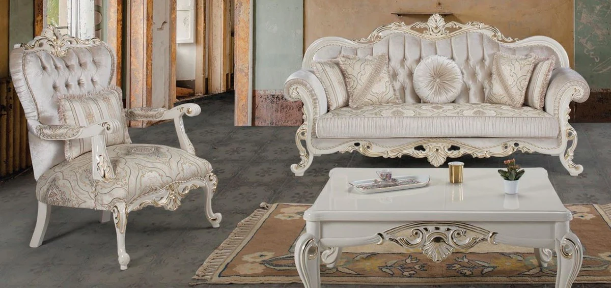 Luxury Baroque Living Room Set Multicolored / White / Gold - 2 Sofas & 2 Armchairs & 1 Coffee Table - Living Room Furniture in Baroque Style - Noble & Magnificent