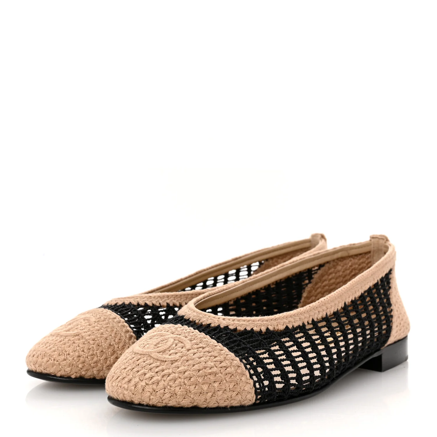 Raffia Cap Toe Ballerina Flats 36.5 Black Beige - Top Club