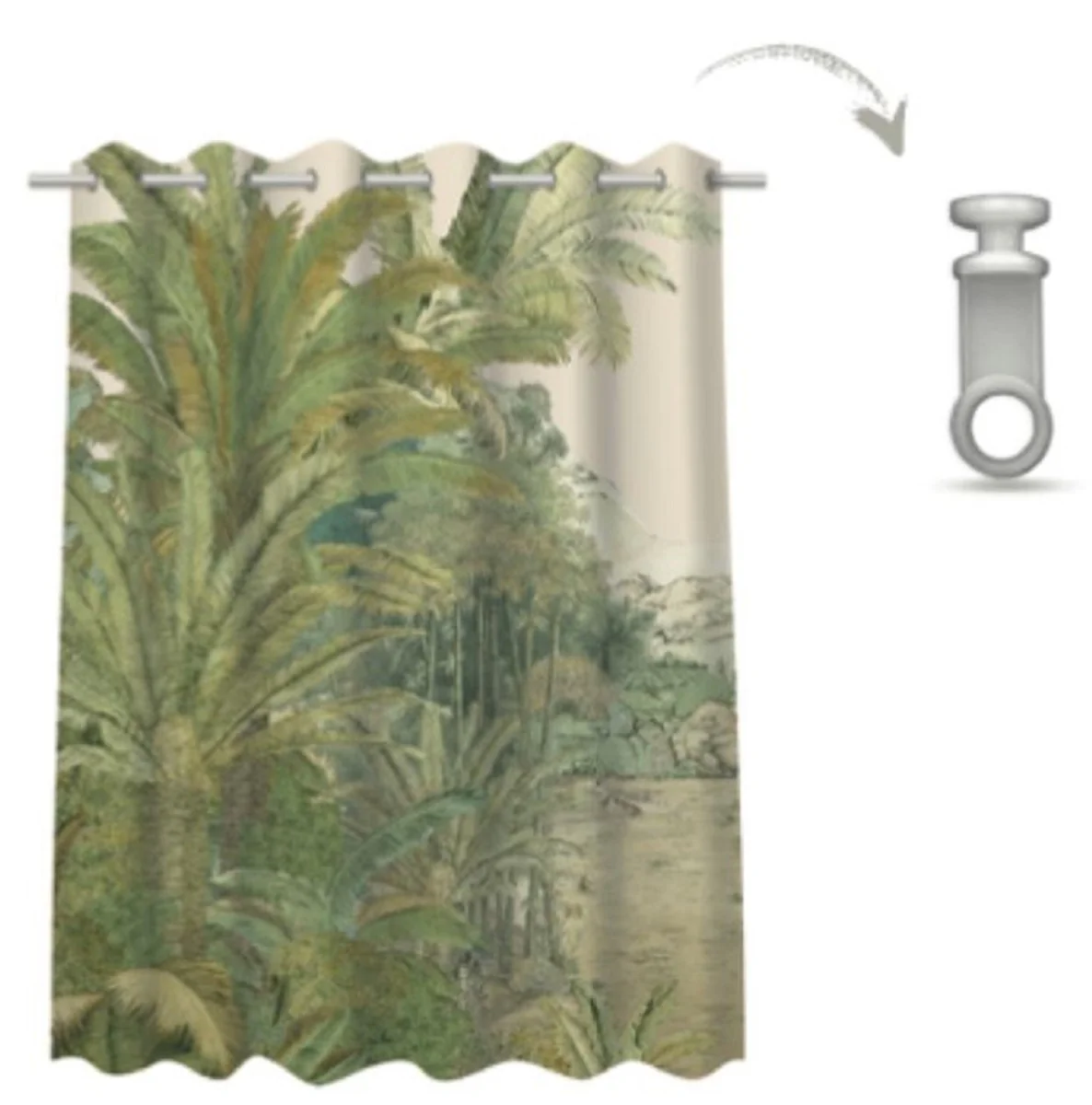 Luxury curtain set palm trees landscape cream / green 250 x H. 290 cm - Printed linen & velvet curtains - Eyelet curtains - Sliding curtains - Luxury decorative accessories