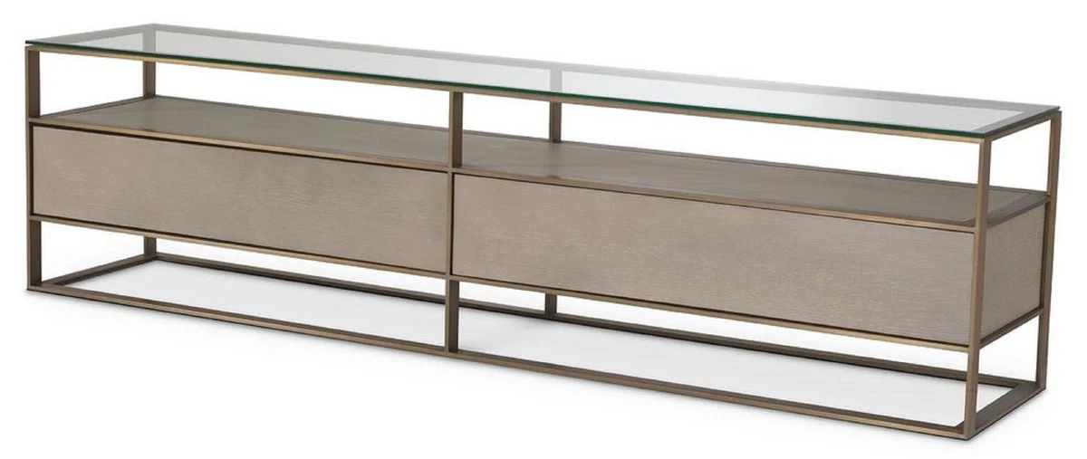 Luxury TV cabinet 220 x 46 x H. 56.5 cm - Sideboard with glass top and 2 drawers - Luxury living room furniture