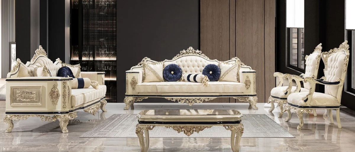 Luxury Baroque Living Room Set White / Cream / Black / Antique Gold - 2 Baroque Sofas & 2 Baroque Armchairs & 1 Baroque Coffee Table - Luxury Living Room Furniture in Baroque Style - Baroque Furniture