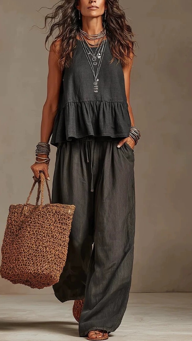 Women's Cotton-Linen Two-Piece Set: Ruffled Sleeveless Top & Wide-Leg Pants - Nordfashionstorm - Women's Clothing, Fashion for You - Nordfashionstorm.com