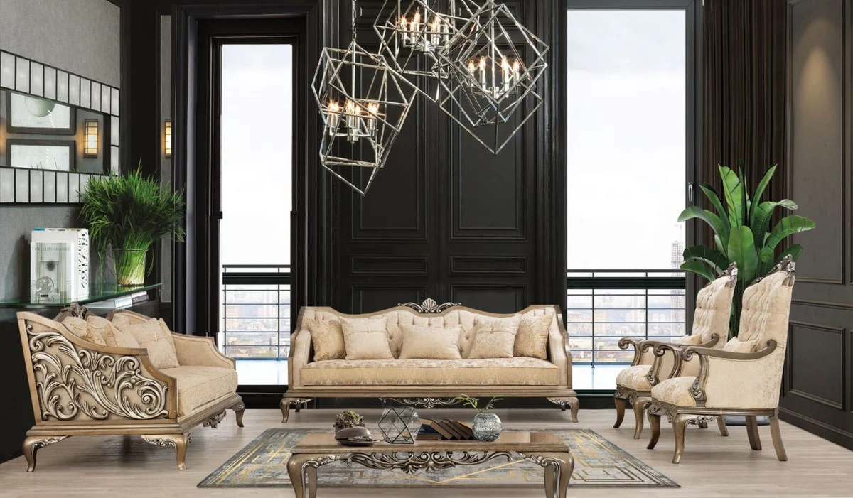 Luxury Baroque Living Room Set Beige / Gold / Brown / Silver - 2 Sofas & 2 Armchairs & 1 Coffee Table - Handmade Baroque Living Room Furniture - Noble & Magnificent