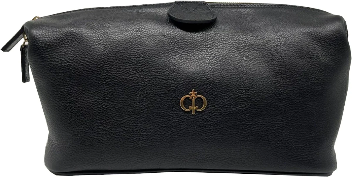 Luxury genuine leather cosmetic bag black / gold 28 cm - Made in Italy