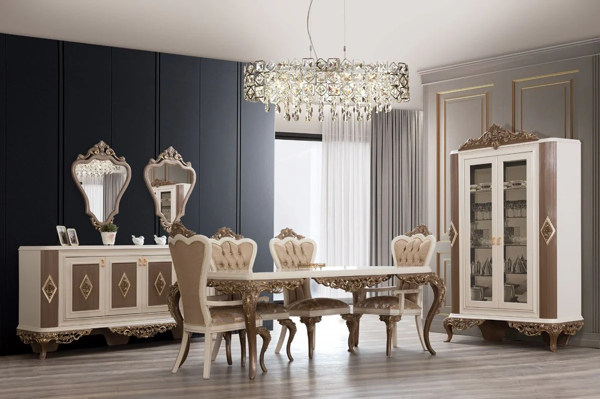 Luxury Baroque Dining Table White / Brown / Gold - Elegant Solid Wood Dining Room Table - Baroque Dining Room Furniture - Noble & Magnificent