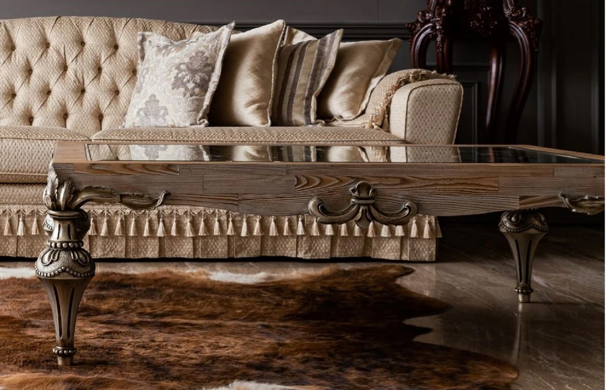 Luxury baroque coffee table natural colors / silver - handmade solid wood living room table with glass top - baroque living room furniture