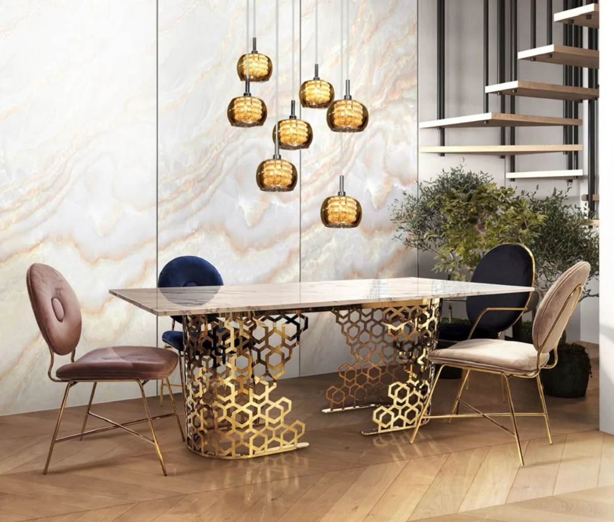 Luxury dining table white / gold 200 x 100 x H. 76 cm - Dining room table with artificial marble table top - Dining room furniture - Luxury furniture - Luxury furnishings