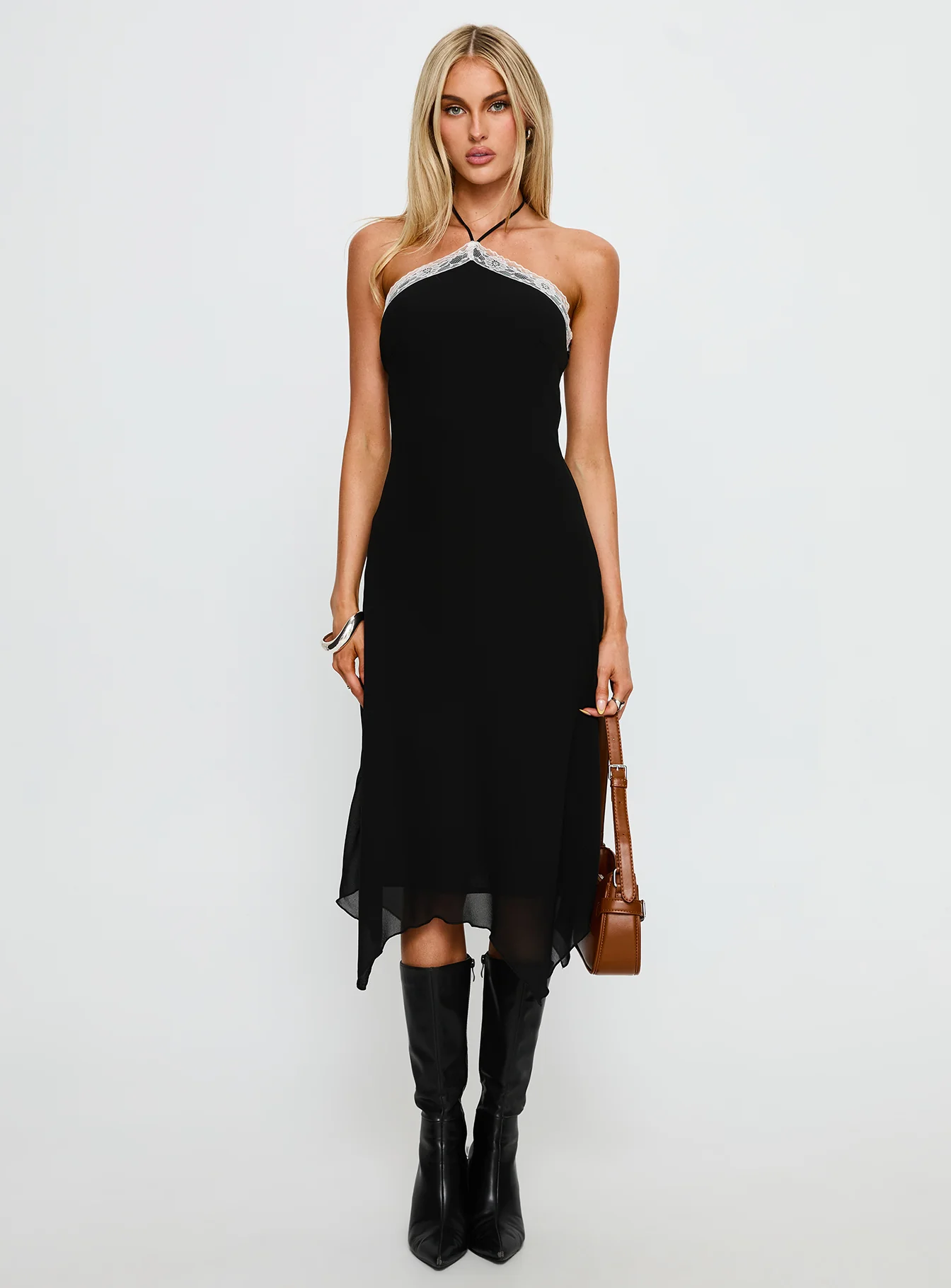Naila Halter Lace Trim Midi Dress Black
