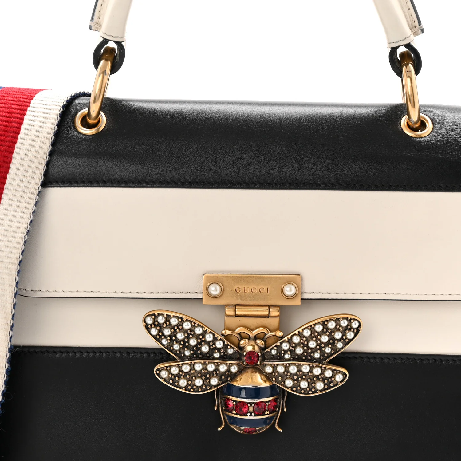Calfskin Sylvie Web Small Queen Margaret Top Handle Bag Black White - Top Club