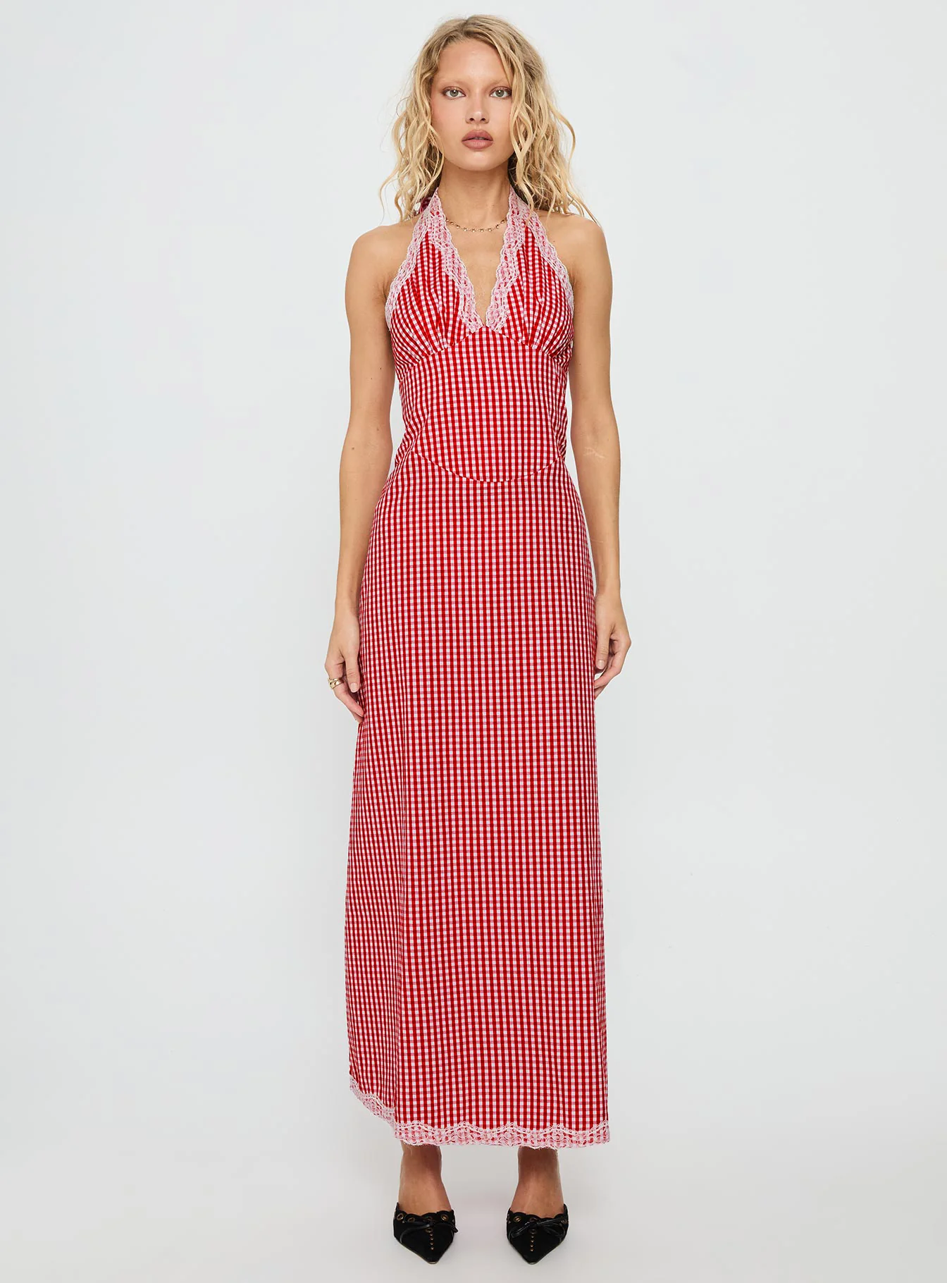 Betsie Halter Lace Maxi Dress Red Gingham
