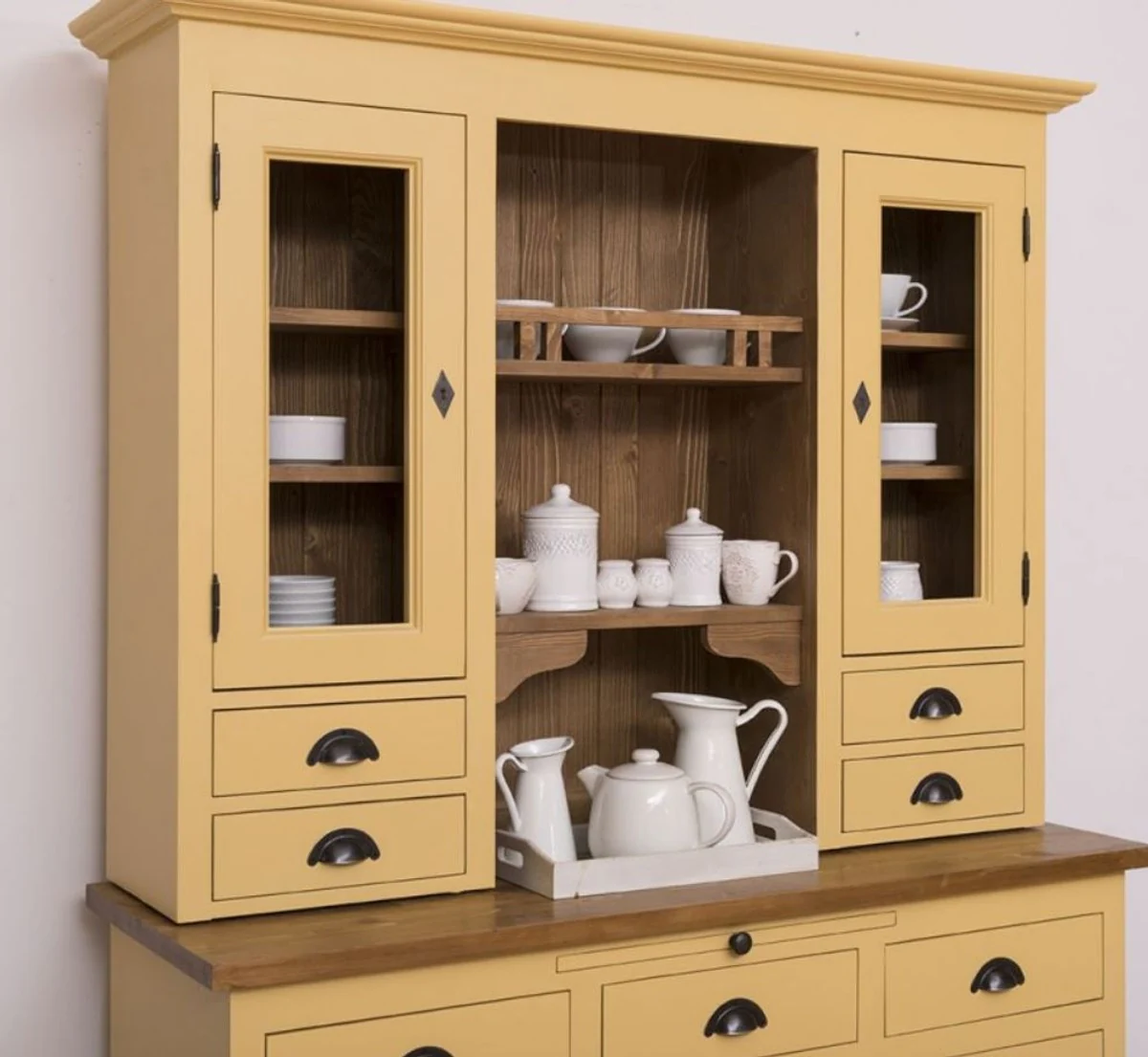 Country house style kitchen cabinet yellow / brown 137 x 50 x H. 197 cm - 2-part kitchen cabinet with 5 doors and 7 drawers - country house style kitchen furniture