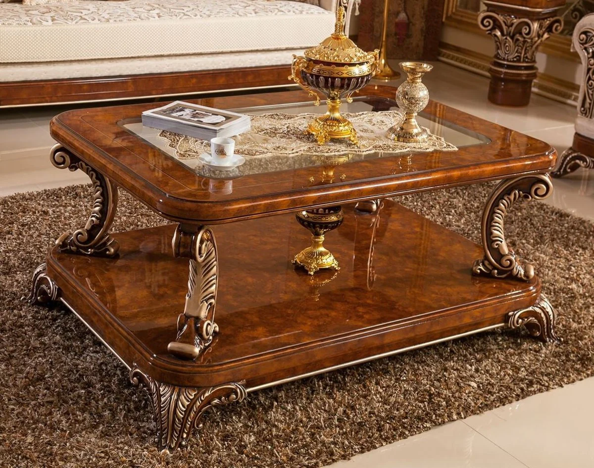Luxury baroque coffee table with glass top brown / bronze - magnificent solid wood living room table in baroque style - baroque living room furniture - noble & magnificent