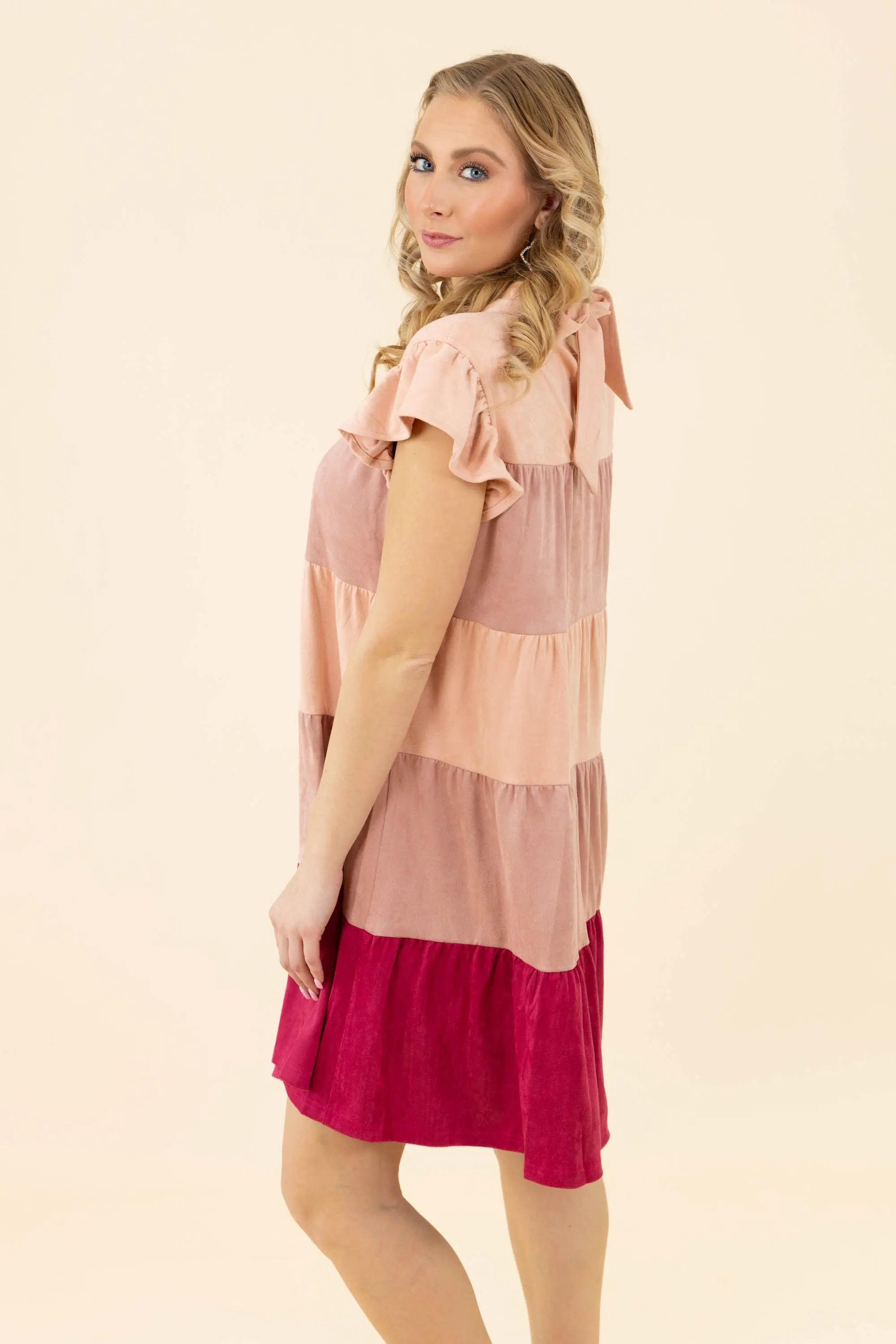 Let Them Know Color Block Tiered Faux Suede Short Dress - ALJEGJ
