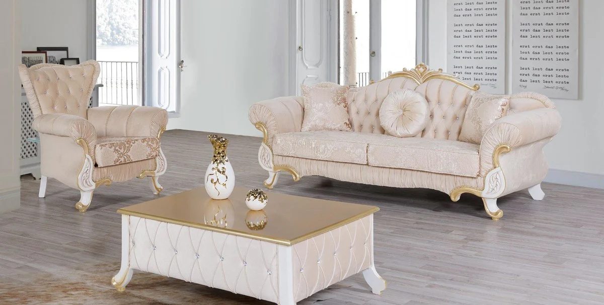 Baroque living room set beige / white / gold - 2 sofas & 2 armchairs & 1 coffee table - living room furniture in baroque style - noble baroque furniture